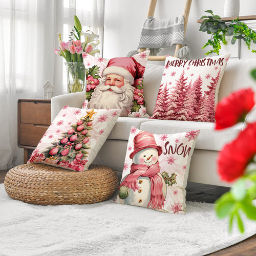 4 Fundas De Cojín De Lino De Papá Noel Rosa Navideño