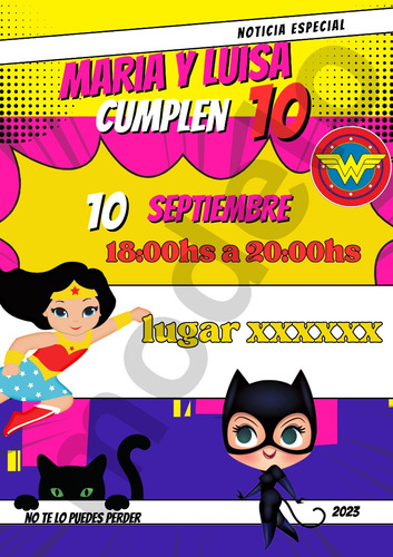 Invitación Digital Cumpleaños Wonder Woman Gatúbela Animado