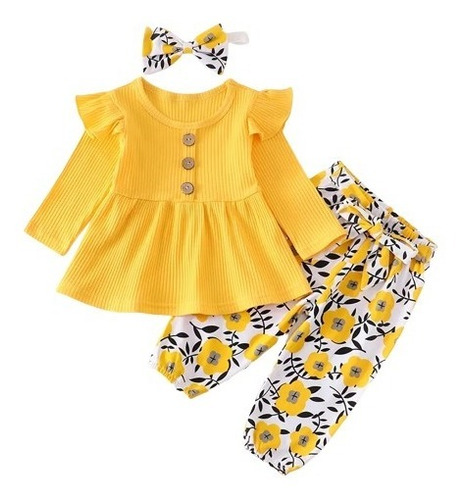 Conjunto Amarillo: Pantalón, Blusa Y Bandita Para Bebé Niña