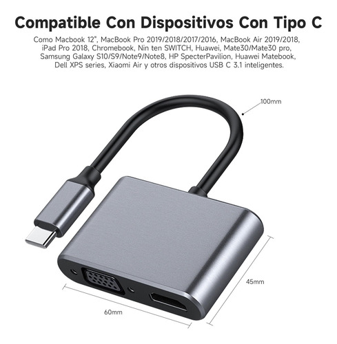 Adaptador Usb C Para Vga Hdmi, Conversor 2 Em 1 Tipo C Para