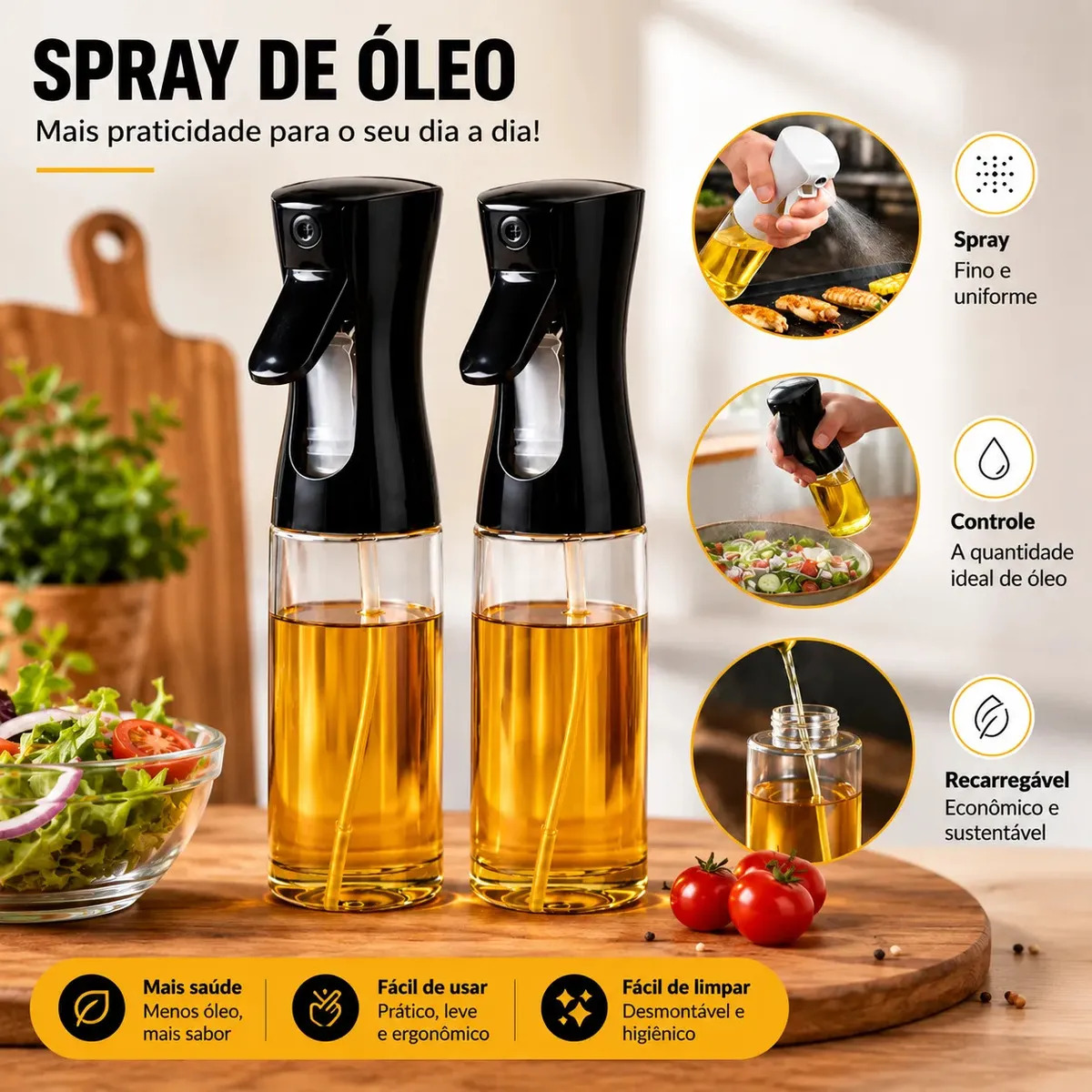 Kit 2 Pulverizador Borrifador Galheteiro Spray 2 Em 1 Profissional Culinário De 200ml De Vidro Porta Azeite Óleo Vinagre Com Bico Dosador Preto
