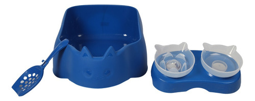 Caja Arenera Gato Plástico + Comedero Bebedero Antireflujo Color Azul