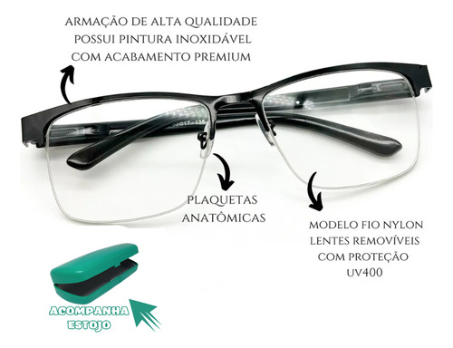Óculos Leitura/perto/presbiopia Metal Com Grau +3,00