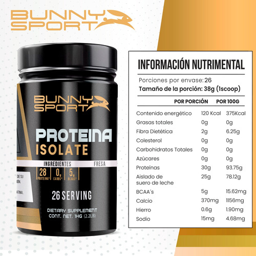 Bunny Proteina Isolatada 1 Kg Cero Carbs Varios Sabores Fresa