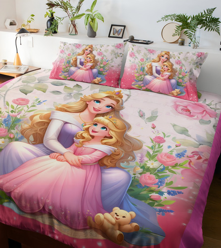 Lençol Casal Princesa Aurora Presente Mãe E Filha 200 Fios Cor Rosa