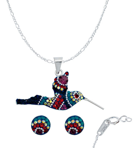 Colibri Dije Aretes Cadena Piedras Conjunto Chico Plata 925 Color Morado/Rojo