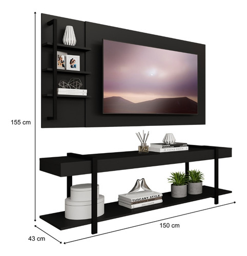 Rack Painel Tv 50 Polegadas Ohio Carraro Cor Preto/Preto