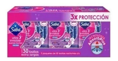 Toallas Femeninas Saba Nocturna Ultra Invisible 30 Pzas