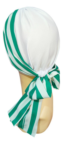 Turbante Oncológico Para Mujer De Algodón C/ Banda Mascada Color Blanco Rayas Verdes