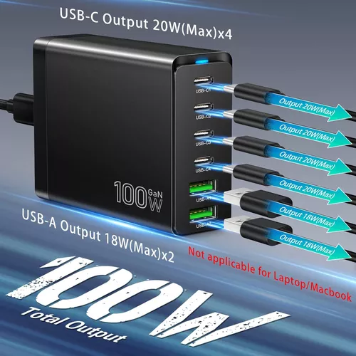 Estación de carga rápida USB C, bloque de carga total de 100 W de 6 puertos  con 4 puertos USB-C y 2 puertos USB-A, adaptador rápido 3.0, funciona para