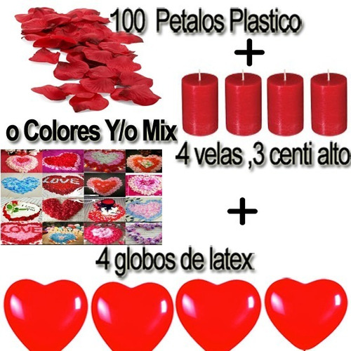 Pack 100 Petalos Rosa Plastico+4velas+4 Globos Latex Corazon