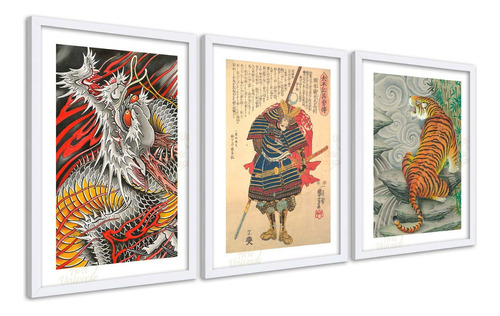 Kit 3 Quadros Orientais Samurai Tigre E Dragão Moldura A2 Cor Colorido Cor da armação Branca