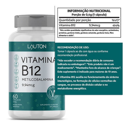 Imagem 2 de 2 de Vitamina B12 9,94mcg - 60 Cápsulas - Lauton Nutrition