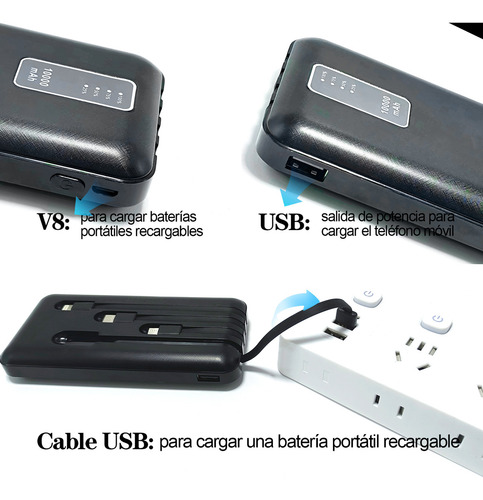 nebro Power Bank Batería Portátil 10000mah Con Built In 4 Cables, Ip/Tipo C/Micro Usb/V8 Con Pantalla Digital Cargador De Batería Compatible con iPhone 16 15 14 13 12,Xiaomi,Huawei&Samsung S22 S21