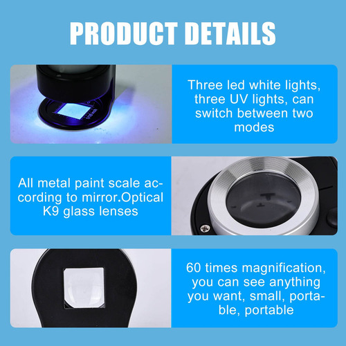 Lupa De Lupa Recargable, Lupa De 60 Aumentos Con 6 Luces Led