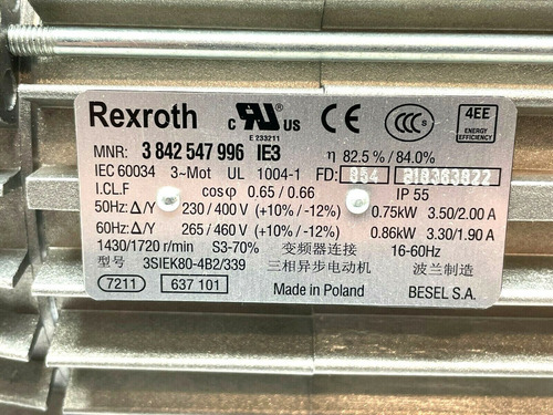 Bosch Rexroth 3842547996 Motor 230/400v 750w 50hz 265/46 Zzz