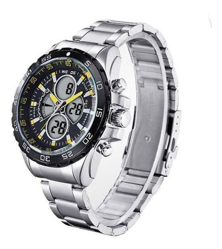 Reloj Anadigi Weide para hombre, correa original de acero inoxidable, color bisel plateado, color de fondo plateado, color negro