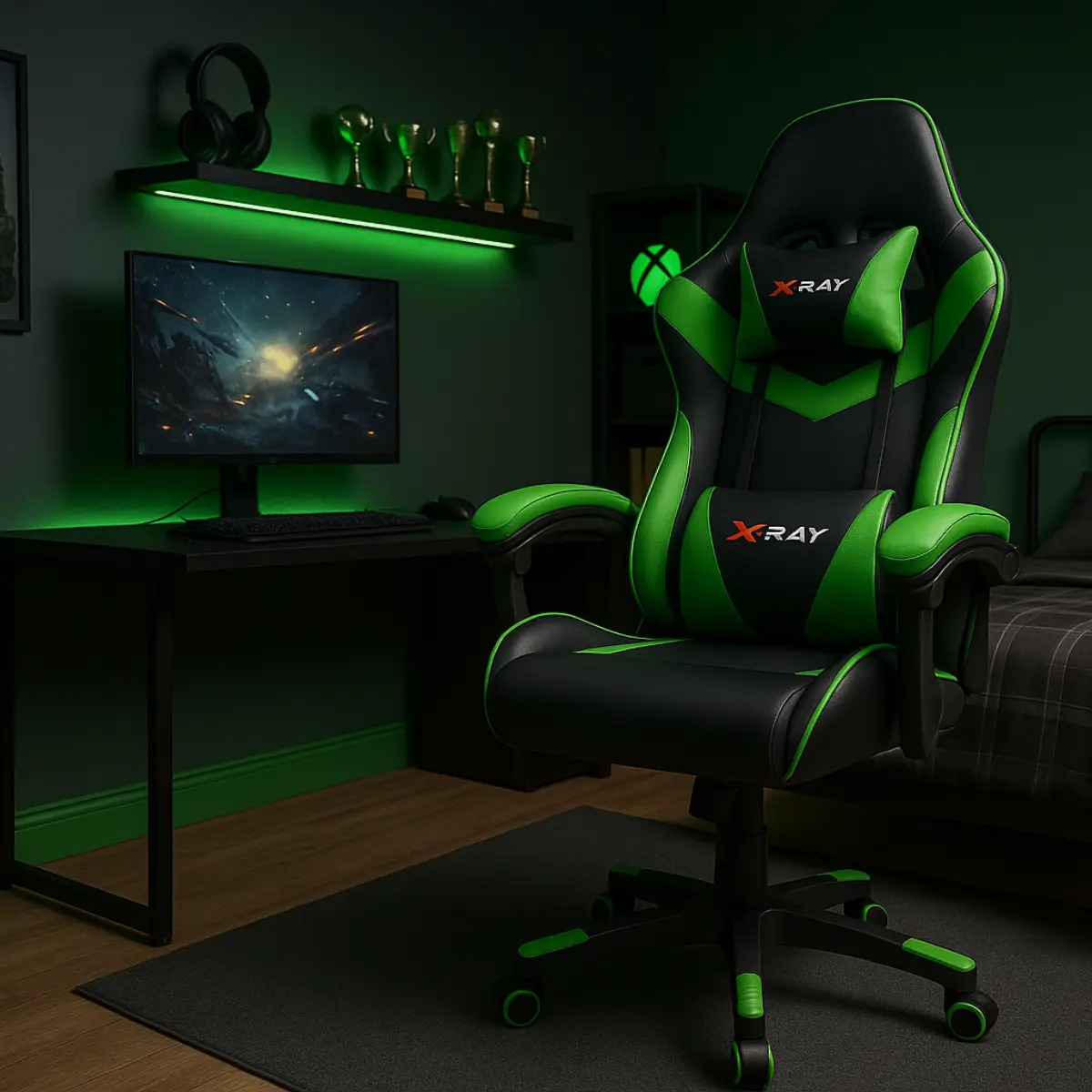 Cadeira Gamer Ergonomica Estofada Com Função Relax X-ray Cor Verde Material Do Estofamento Couro Sintético