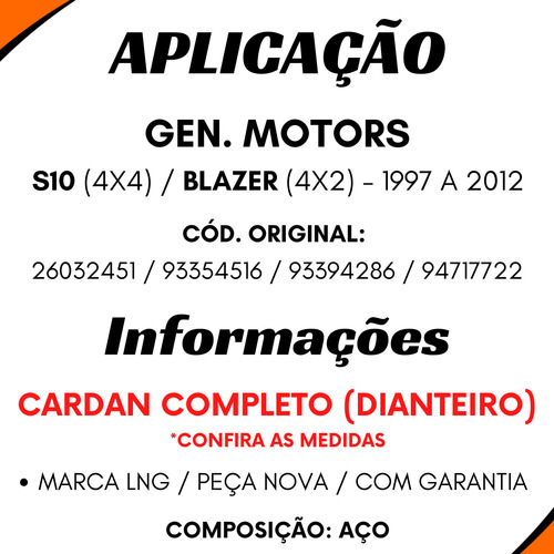 Cardan Dianteiro S10 4x4 Blazer 4x2 1997 A 2012