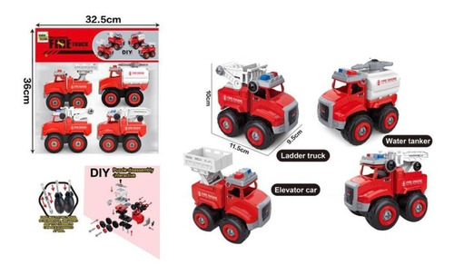 Kit 04 Carrinhos Caminhão Monta E Desmonta Didático 3 Modelo Cor Vermelho / Bombeiro