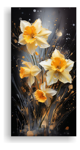 60x30cm Cuadro Abstracto Flores Narcisos Tonos Dorado Y Negr