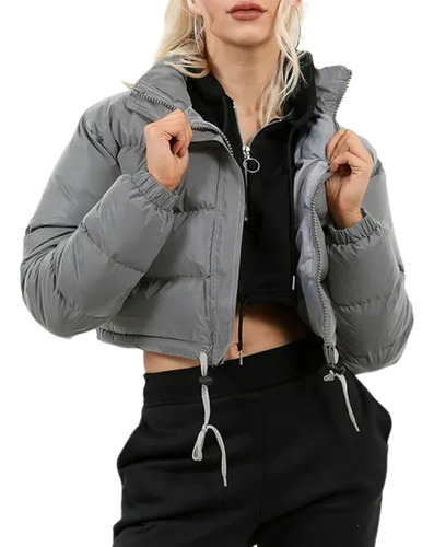 Chaqueta Acolchada De Cuero Para Mujer Con Cuello Alto Y Bot