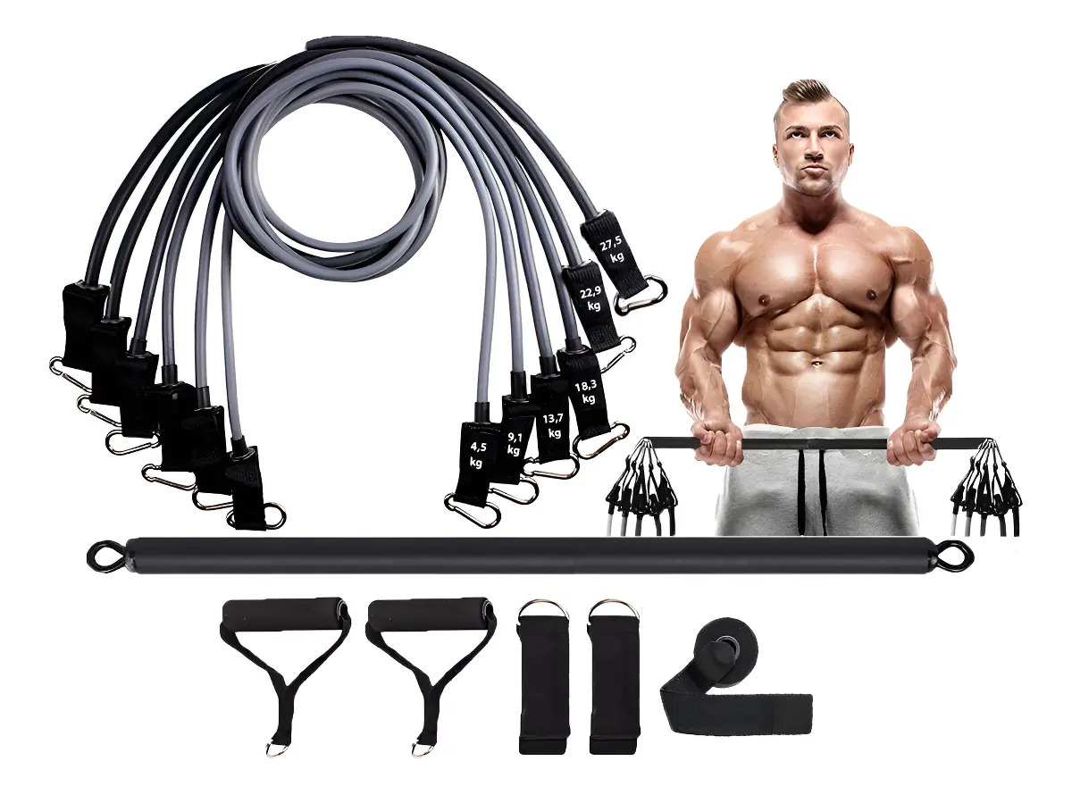 Kit Elásticos Extensores Bravus Sport Extreme Pro 95kg com Barra Aço
