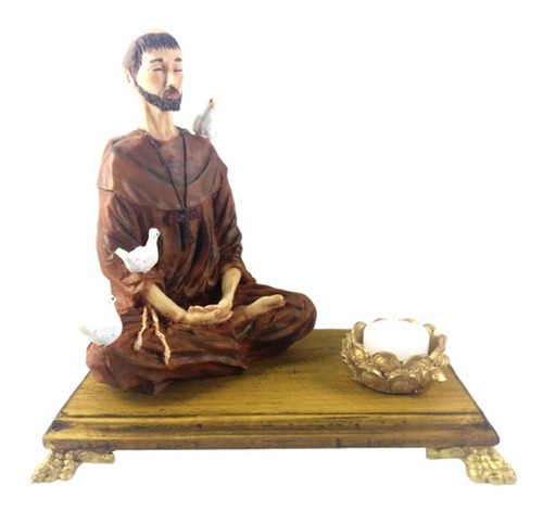 São Francisco De Assis Meditando Lotus Em Resina C/ Aparador