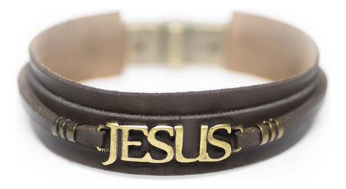 Pulseira Couro Masculina Jesus Marrom