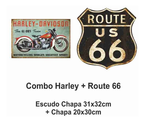 Combo Chapas Vintage Harley Davison + Escudo Route 66 