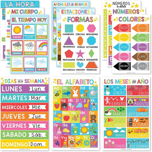 12 Carteles Educativos De Español Aprendizaje Bilingüe Niños