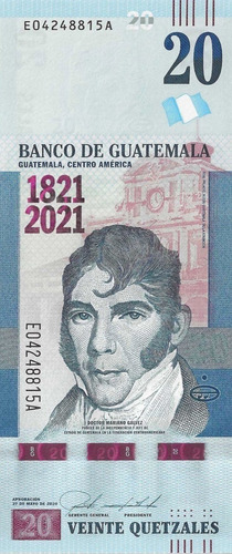 Billete Conmemorativo De Guatemala 20 Quetzales 1821-2021