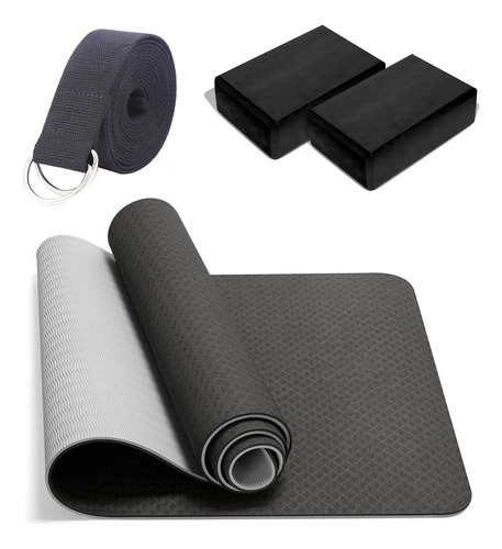 Combo Yoga Kit Mat Tpe Bloques Cinturon Discos Entrenamiento Color Negro