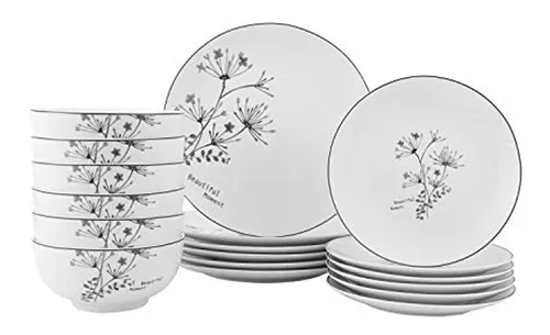  AWJ Juego de vajilla creativa de cerámica para 6 personas, juego  de platos de porcelana crema de 18 piezas, juego completo moderno, incluye  6 platos redondos de sopa, 6 platos llanos