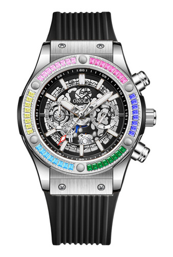 Reloj Mecánico Onola Skeleton Rainbow Diamond Color Del Bisel Silver Black