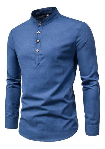 Camisa Slim Fit Cuello Mao Manga Larga Hombre Vestir Casual