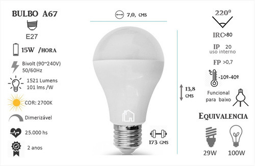 Lampada Bulbo Led 15w Branco Quente Bivolt Dimerizavel Cor da luz Branco-quente 110V/220V