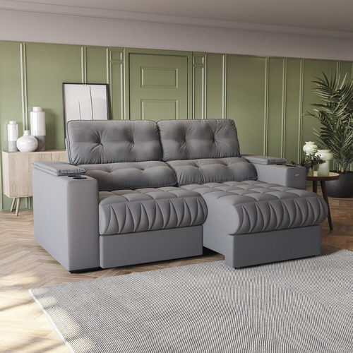 Sofá 230cm Com Porta Copos Retrátil E Reclinável Abwt