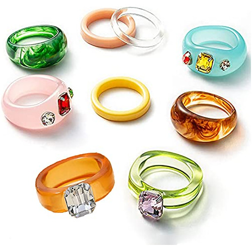 Siete Anillos Resina Retro Acrílica Coloridos Y2k Mujer