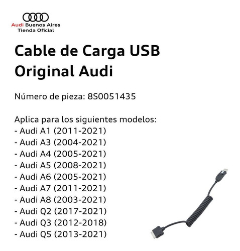 Imagen 2 de 6 de Cable De Carga Usb Audi Q5 2009 Al 2021