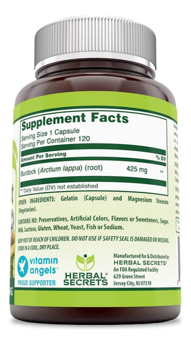 Suplemento Herbal Secrets, Raíz De Bardana, 425 Mg, Cápsulas