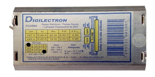 Reator Eletrônico Para Fluorescente Tubo 1 X 20w 127v 220v