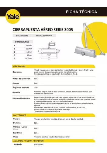 Cierrapuertas Yale Alta Gama Fuerza 1-6 Hasta 150 Kgs 1,50 M