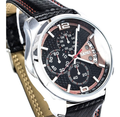 Reloj Caballeros Skmei 9106 Cuero, Negro / Rojo
