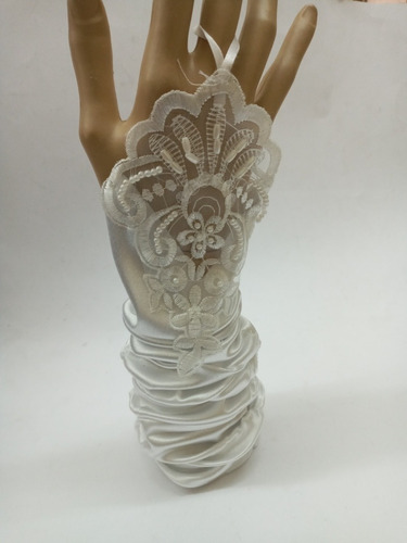 Imagen 2 de 6 de Guantes Sin Dedos App Encaje Y Perlitas Largos Blanco Novia