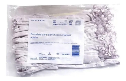 Brazalete Para Identificación Adulto Paquete Con 100 Piezas Blanco