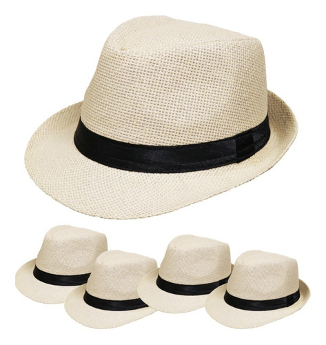 Sombrero Panama X 5 Con Tira Negra Gorro Panameño Cotillon Color Natural