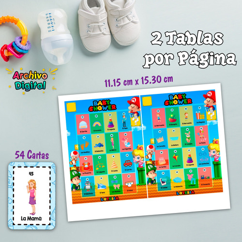 Lotería Baby Shower Mario Bros 100 Tablas Imprimibles Juegos
