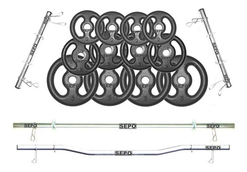 Imagem 1 de 2 de Kit De Anilhas 40kg + 02 Barras 40cm + Barra 1,20m + Barra W