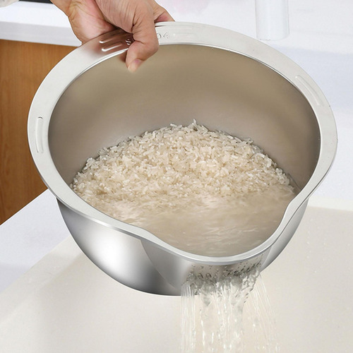 Tigela De Lavagem De Arroz Com Furos E Peneira De Prata